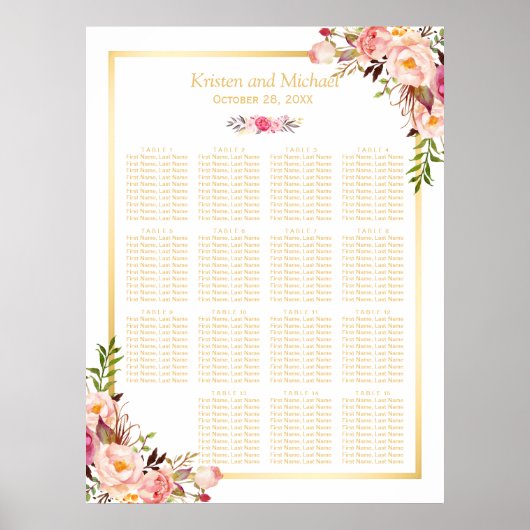 15 Tables Wedding Seating Chart Classy Chic Floral Poster (Voorkant)