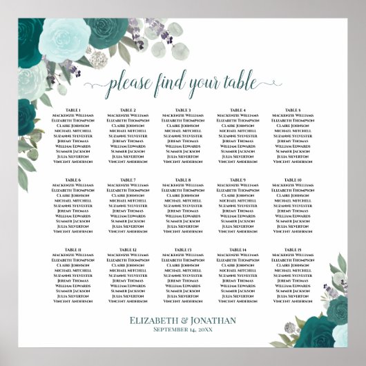 15 Tafel Elegante Blauwgroen Rozen Bruiloft Zitkaa Poster (Voorkant)