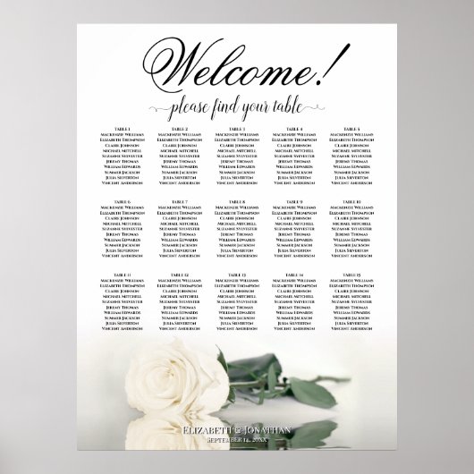 15 Tafel Elegante Witte Rose Bruiloft Zittinggrafi Poster (Voorkant)