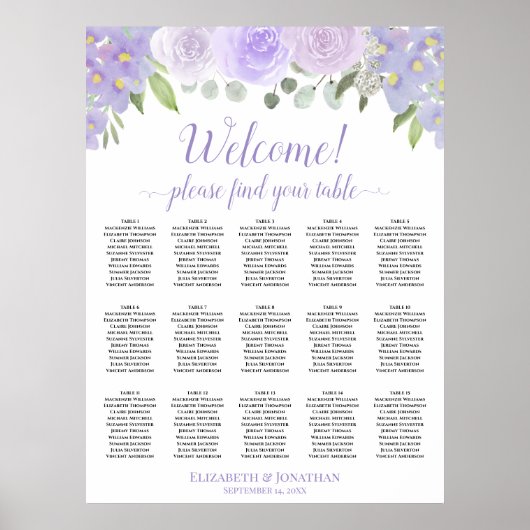 15 Tafel Lavendelrozen Boho Trouwstoelindeling Poster (Voorkant)