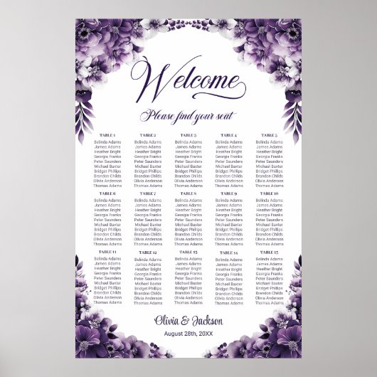 15 Tafel Paarse Bloemenbruiloft Zitkaarten Poster (Voorkant)