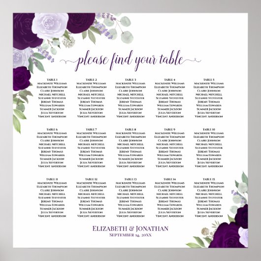15 Tafel Paarse Rozen Chic Bruiloftstoewijzingskaa Poster (Voorkant)