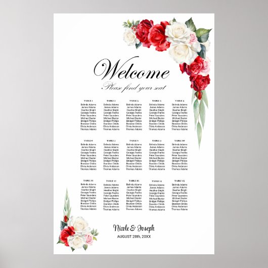 15 Tafel Rood Wit Rose Bloemen Zitting Grafiek Poster (Voorkant)
