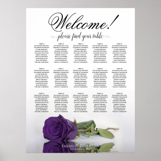 15 Tafel Royal Paars Roos Wedding Seating Chart Poster (Voorkant)