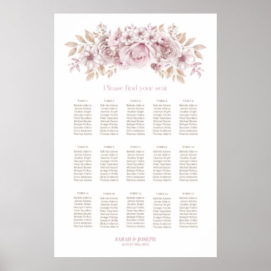 15 Tafel Roze Bloem Bruiloft Zitplaats Chart Poster (Voorkant)