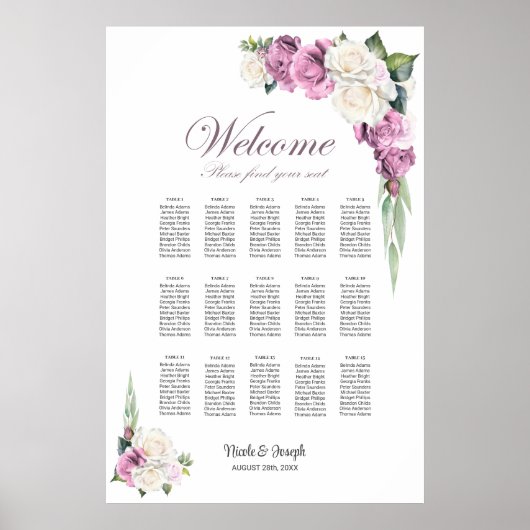 15 Tafel Roze Witte Roos Bloemen Zitting Grafiek Poster (Voorkant)