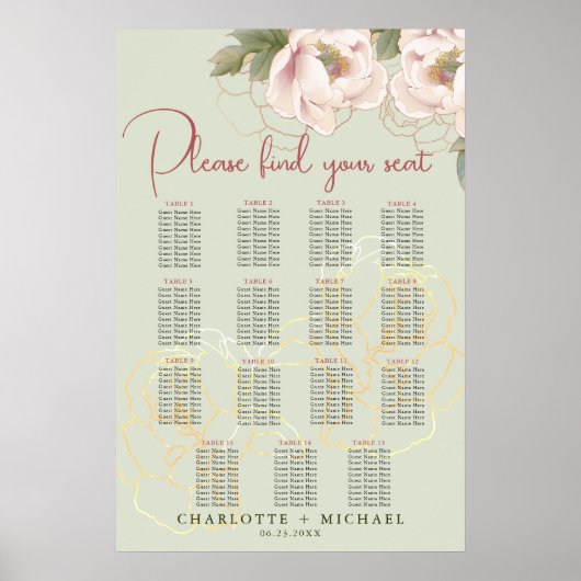 15 Tafel Salie & Blush Bloemen Trouwstoel Zitting  Poster (Voorkant)