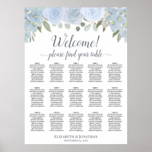 15 Tafel Stofblauw Grijs Rozen Zitplaatskaart Poster