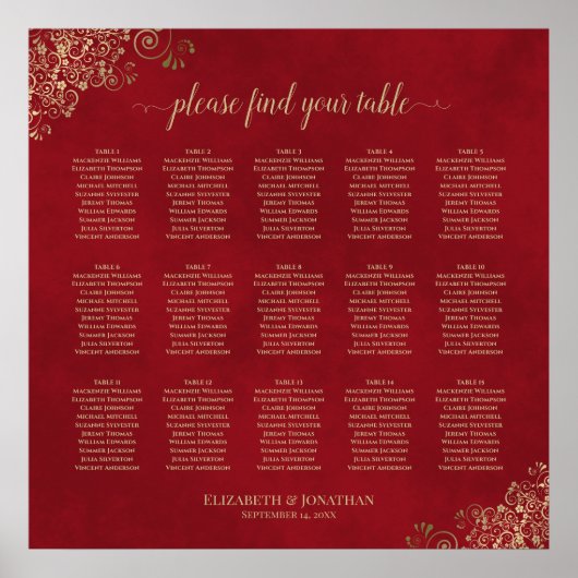 15 Tafel-weddenschapenkaart Gold Lace op rood Poster (Voorkant)