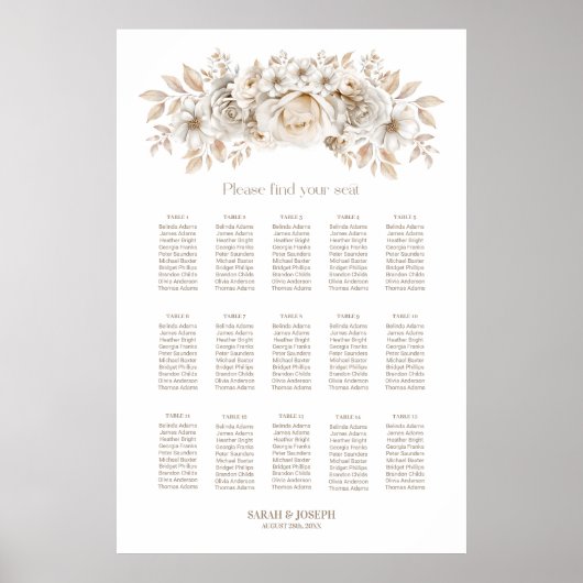 15 Tafel Wit Bloemen Bruiloft Zitkaarten Poster (Voorkant)