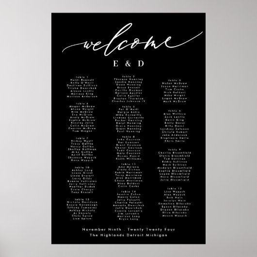 15 tafel Zwarte Calligrafie Bruiloft Welkom Zitpla Poster (Voorkant)