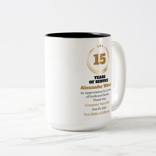 15 Years of Service Employee Appreciation – Custom Tweekleurige Koffiemok (Voorkant rechts)