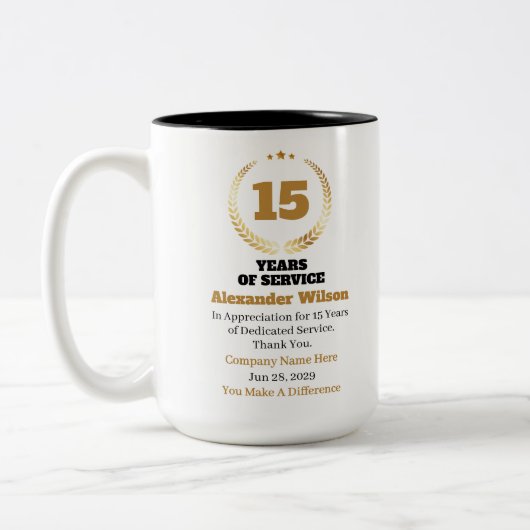 15 Years of Service Employee Appreciation – Custom Tweekleurige Koffiemok (Links)