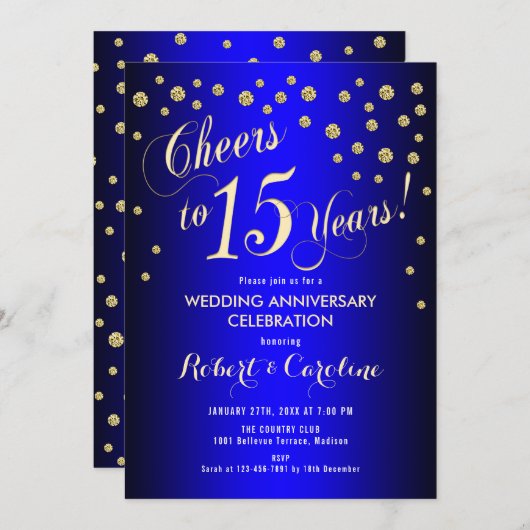 15de trouwdag - Koningsblauw & Goud Kaart (Voorkant / Achterkant)