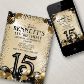 15e ballonnen zwart goud verjaardag kaart