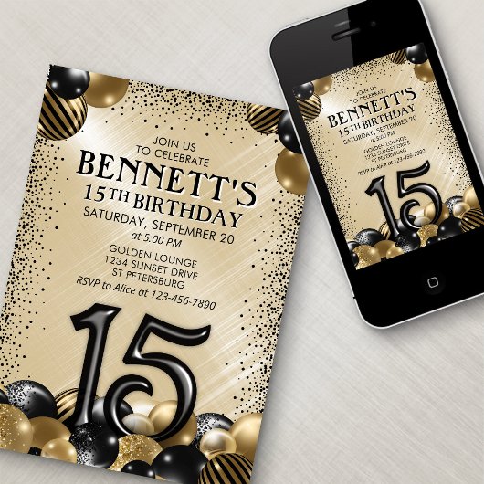 15e ballonnen zwart goud verjaardag kaart