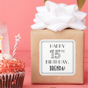 15E BIRTHDAY, Art Deco Style, aangepaste naam Vierkante Sticker