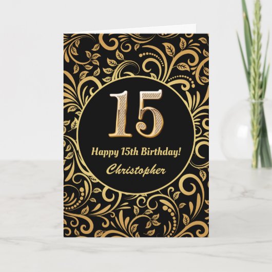 15e Birthday Black en Gold Floral Pattern Kaart (Voorkant)