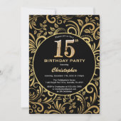 15e Birthday Black en Gold Floral Pattern Kaart (Voorkant)