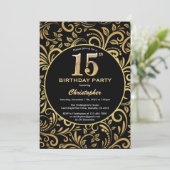 15e Birthday Black en Gold Floral Pattern Kaart (Staand voorkant)
