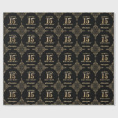 15e Birthday Black en Gold Glitter Lijst Cadeaupapier (Vlak)