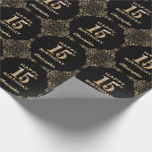 15e Birthday Black en Gold Glitter Lijst Cadeaupapier (Hoek)