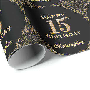 15e Birthday Black en Gold Glitter Lijst Cadeaupapier