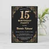 15e Birthday Black en Gold Glitter Lijst Kaart (Staand voorkant)