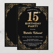15e Birthday Black en Gold Glitter Lijst Kaart (Voorkant / Achterkant)