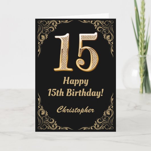15e Birthday Black en Gold Glitter Lijst Kaart (Voorkant)