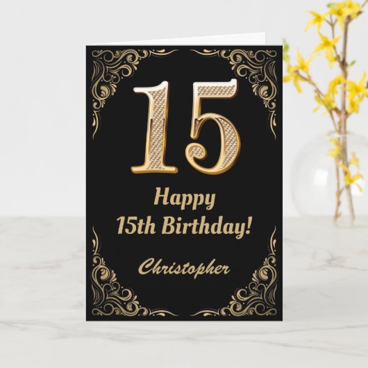 15e Birthday Black en Gold Glitter Lijst Kaart (Gele Bloem)