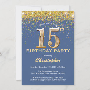 15e Birthday Blue en Gold Glitter Confetti Kaart