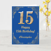 15e Birthday Blue en Gold Glitter Lijst Kaart (Gele Bloem)