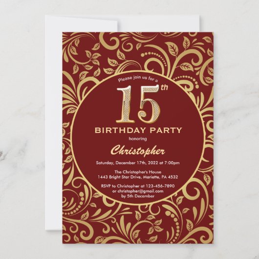15e Birthday Burgundy Red en Gold Floral Pattern Kaart (Voorkant)
