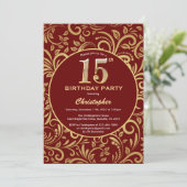 15e Birthday Burgundy Red en Gold Floral Pattern Kaart (Staand voorkant)