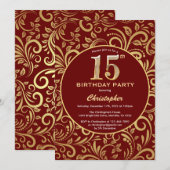 15e Birthday Burgundy Red en Gold Floral Pattern Kaart (Voorkant / Achterkant)