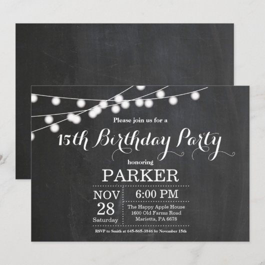15e Birthday Invitation Chalkboard Kaart (Voorkant / Achterkant)