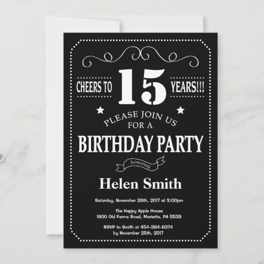 15e Birthday Invitation Chalkboard Kaart (Voorkant)