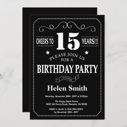 15e Birthday Invitation Chalkboard Kaart (Voorkant / Achterkant)