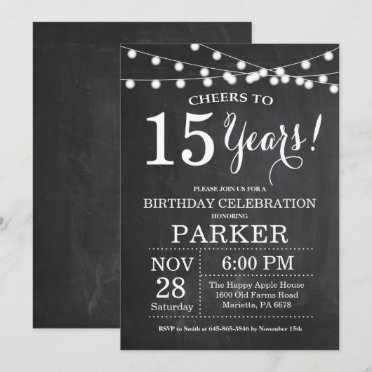 15e Birthday Invitation Chalkboard Kaart (Voorkant / Achterkant)