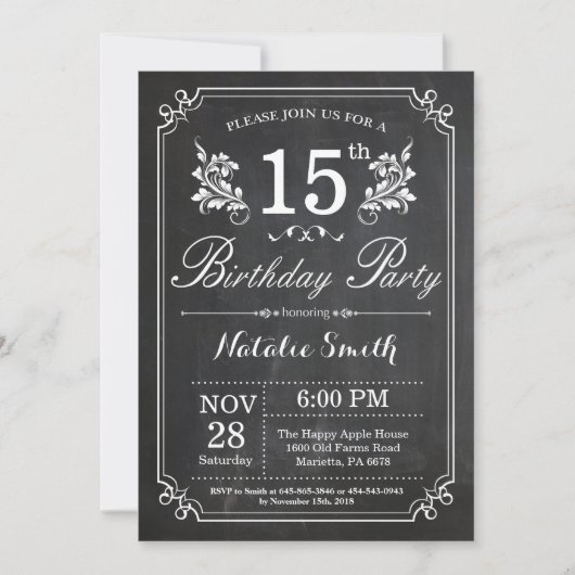 15e Birthday Invitation Floral Chalkboard Kaart (Voorkant)