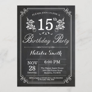 15e Birthday Invitation Floral Chalkboard Kaart