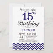 15e Birthday Invitation Navy Blue Chevron Kaart (Voorkant)