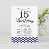 15e Birthday Invitation Navy Blue Chevron Kaart (Staand voorkant)