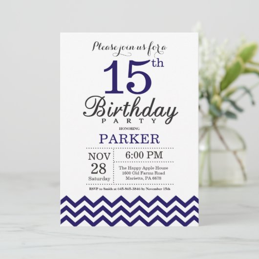 15e Birthday Invitation Navy Blue Chevron Kaart (Staand voorkant)