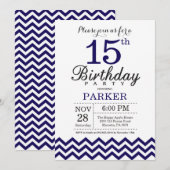 15e Birthday Invitation Navy Blue Chevron Kaart (Voorkant / Achterkant)