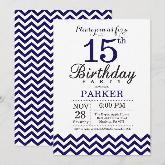 15e Birthday Invitation Navy Blue Chevron Kaart (Voorkant / Achterkant)