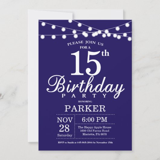 15e Birthday Invitation Navy Blue Kaart (Voorkant)