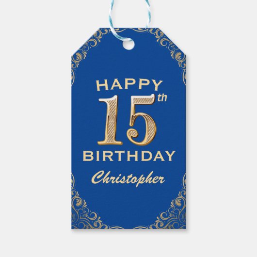 15e Birthday Party Blue en Gold Glitter Lijst Cadeaulabel (Voorkant)