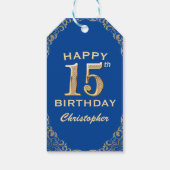 15e Birthday Party Blue en Gold Glitter Lijst Cadeaulabel (Achterkant)
